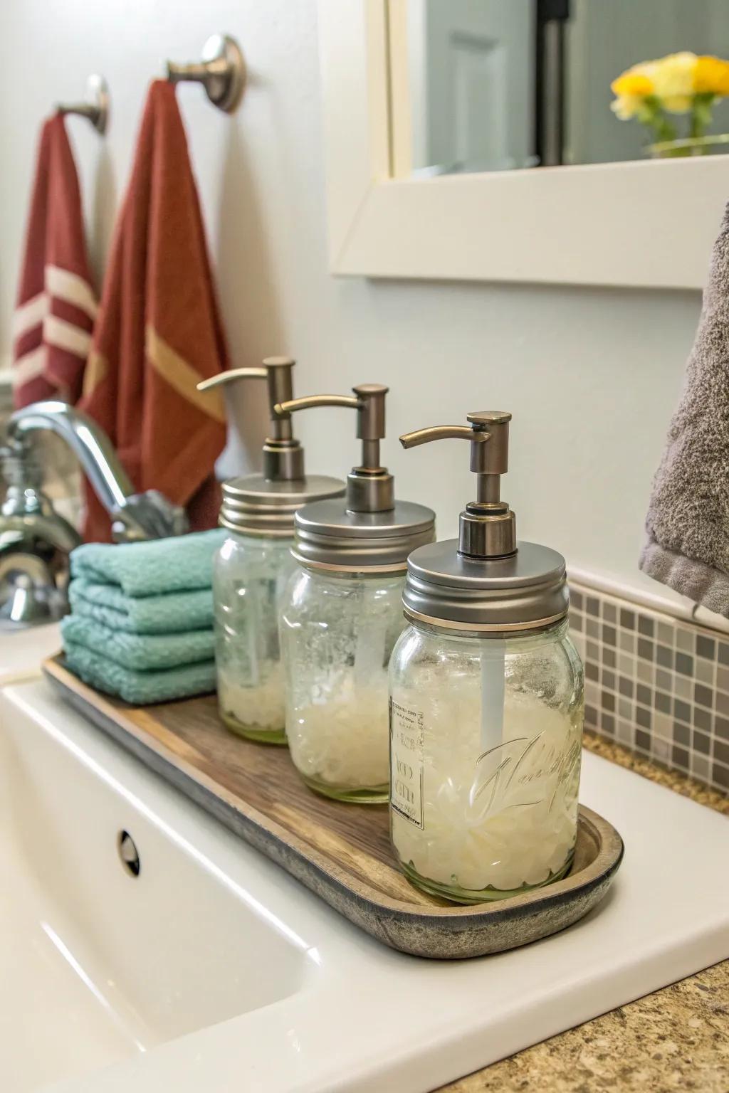 DIY ablution dispensers crafted from canning jars proffer a stylish embellishment.