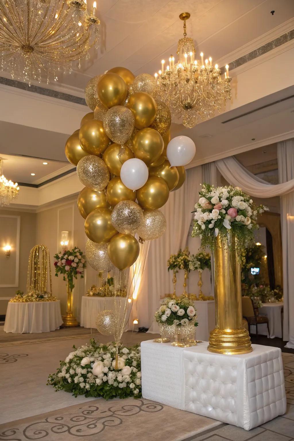 A gilded-themed balloon display that infuses luxury into significant occasions.