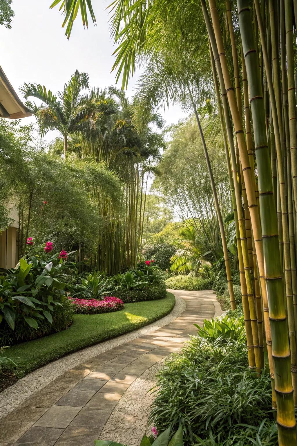 A garden transformed into a tropical paradise with lush bamboo.