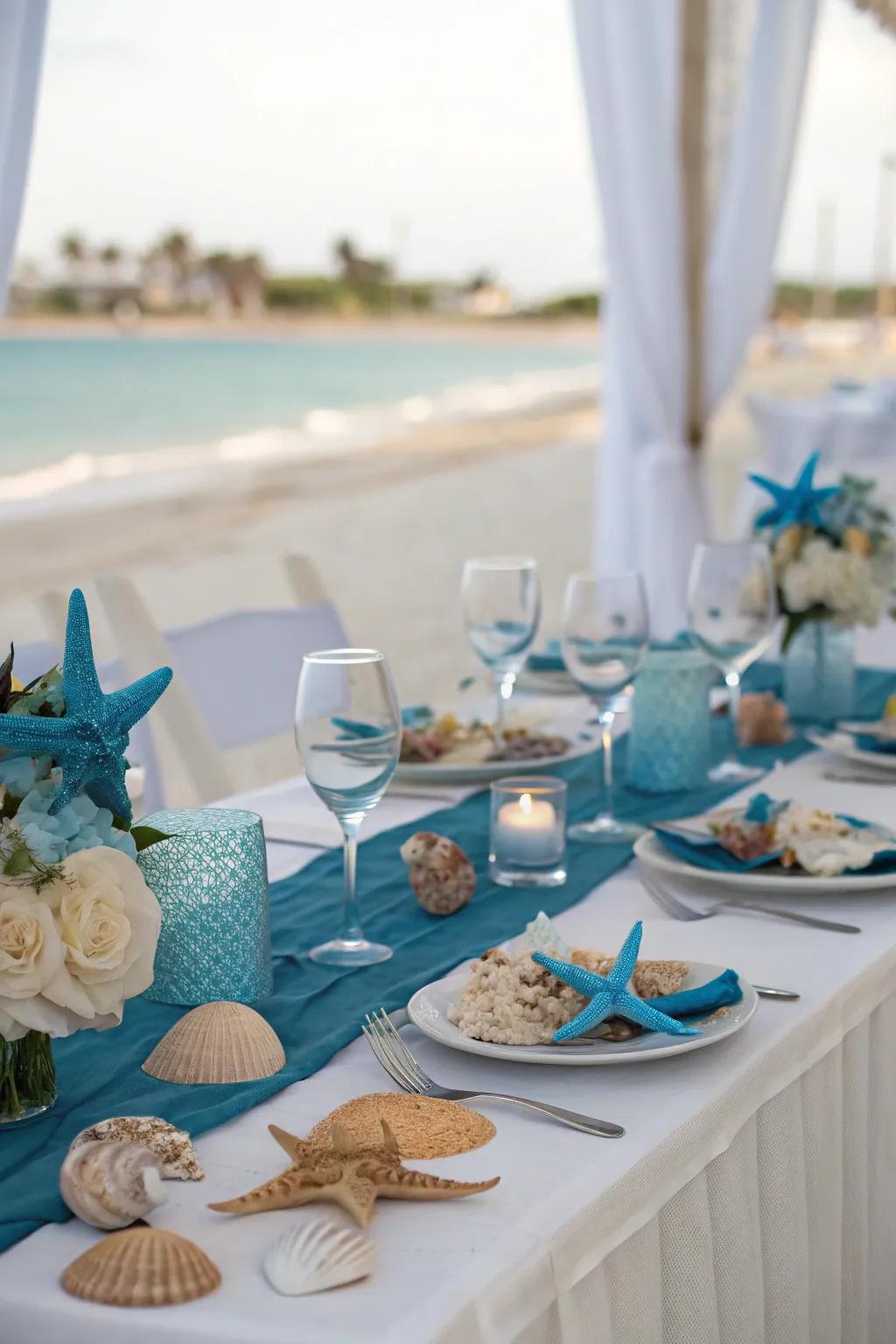 A coastal-themed centerpiece transporting seaside vibes indoors.