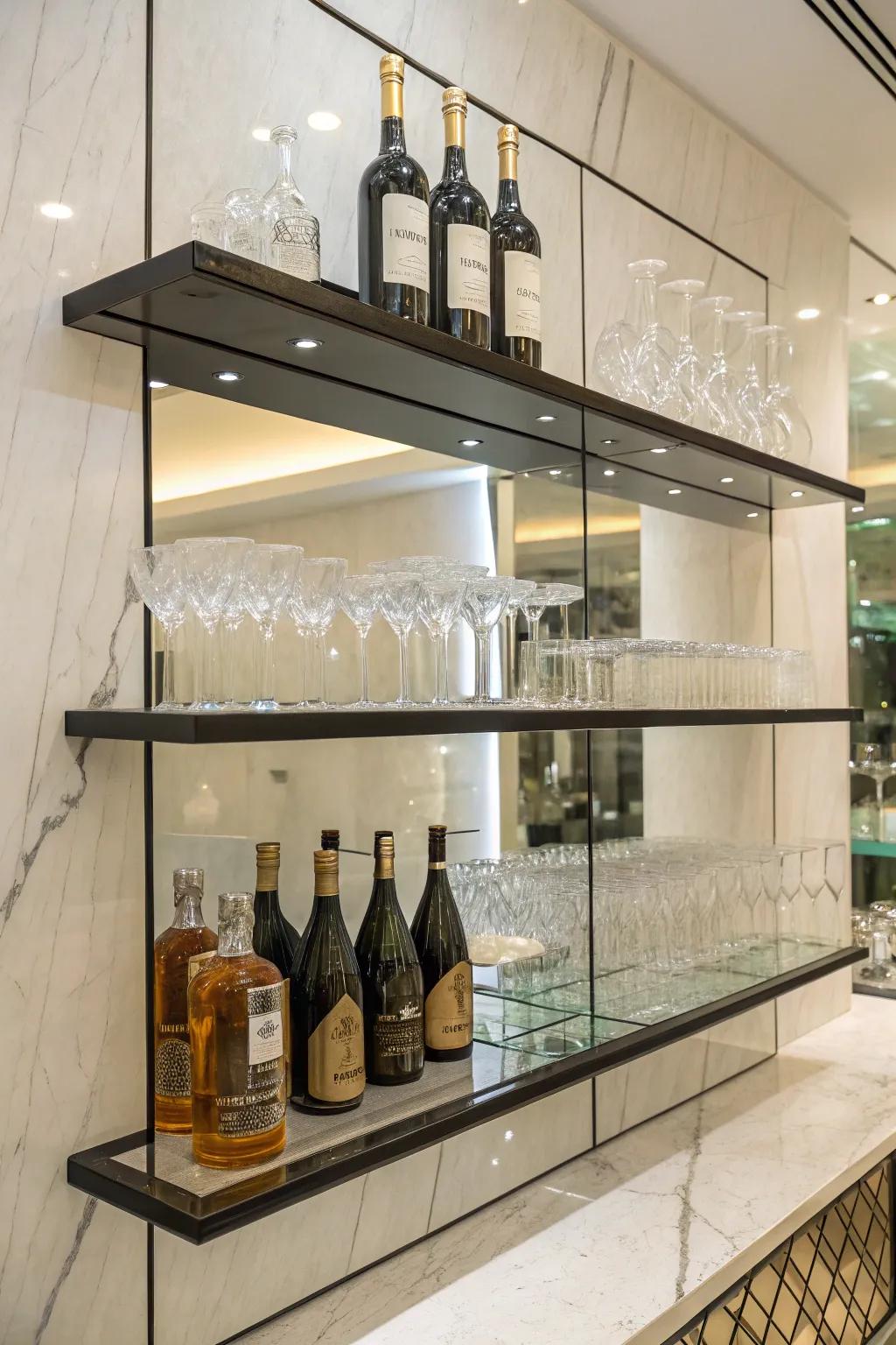 Drifting racks with mirrors offer a seamless, airy bar arrangement.