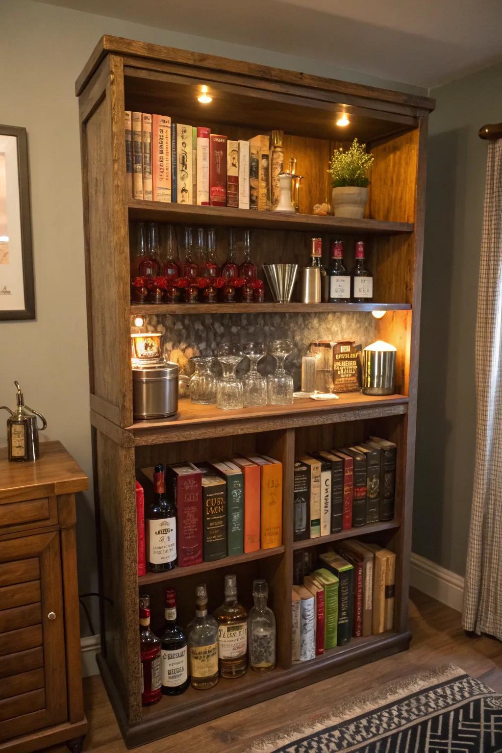 Repurpose bookracks into unique bar shelves.