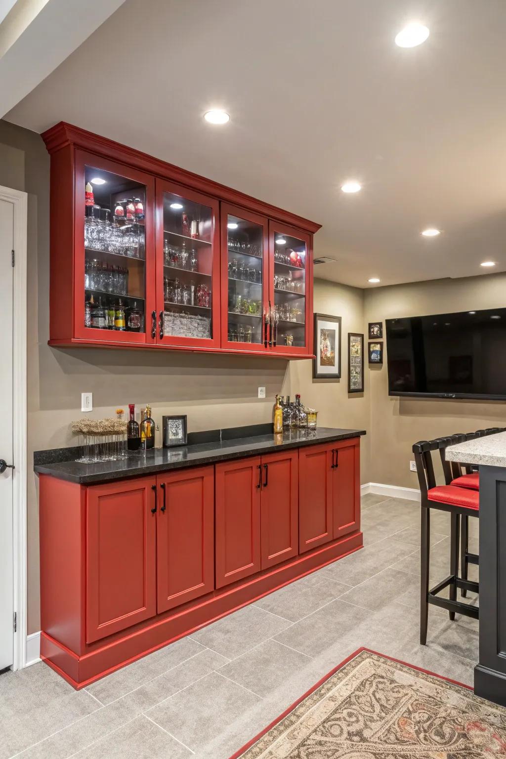 Intense cabinetry adds a splash of color and character to your bar space.