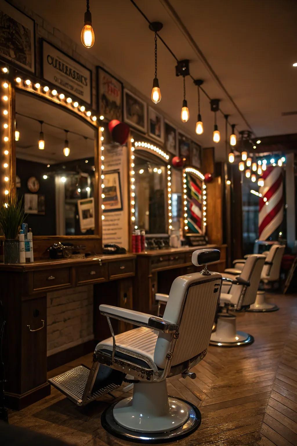 In a barbershop, hidden lighting creates an atmosphere that is both mysterious and welcoming.