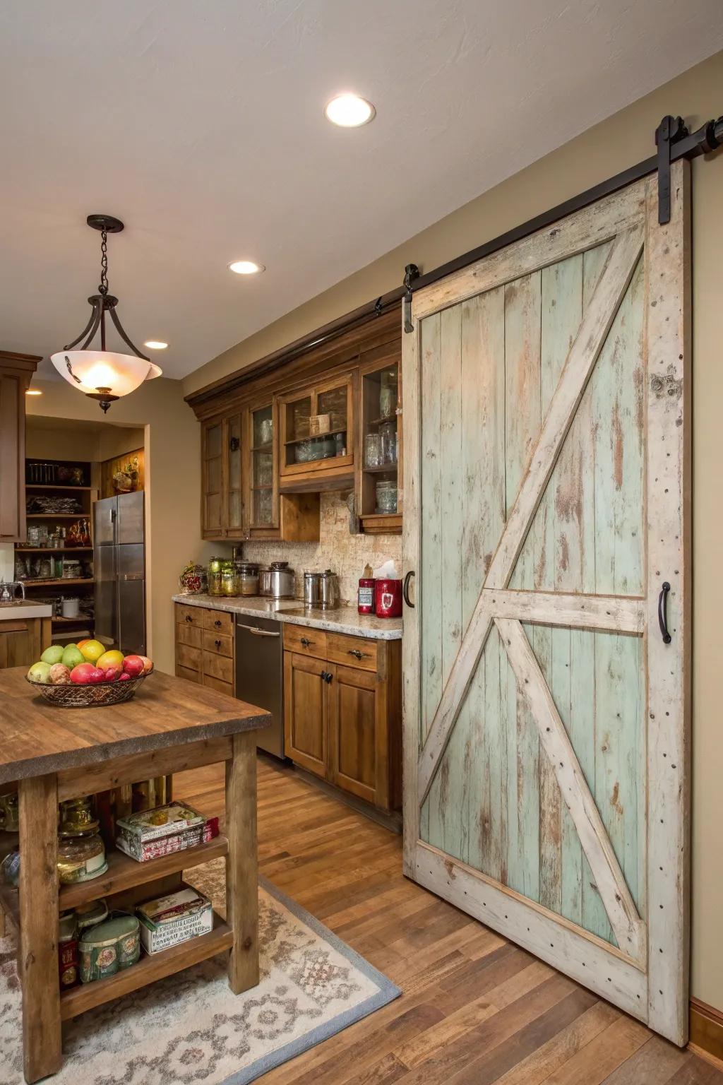 A kitchen featuring a sliding barn door pantry showcasing weathered coating.