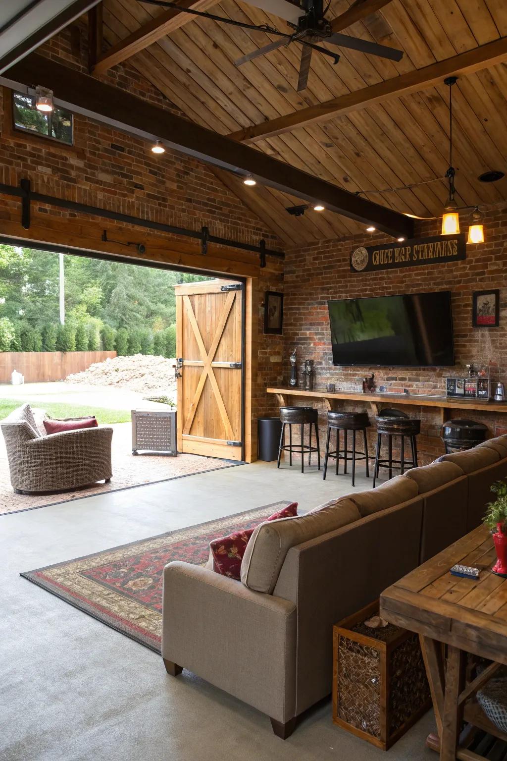 A bar and fun area gives fun and relaxing times in this barn garage.