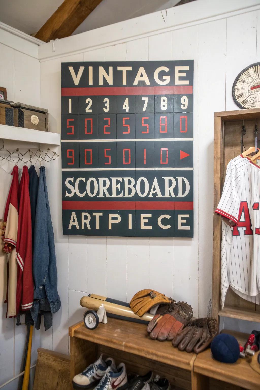 Scoreboard art brings a sense of history and nostalgia to the decor.