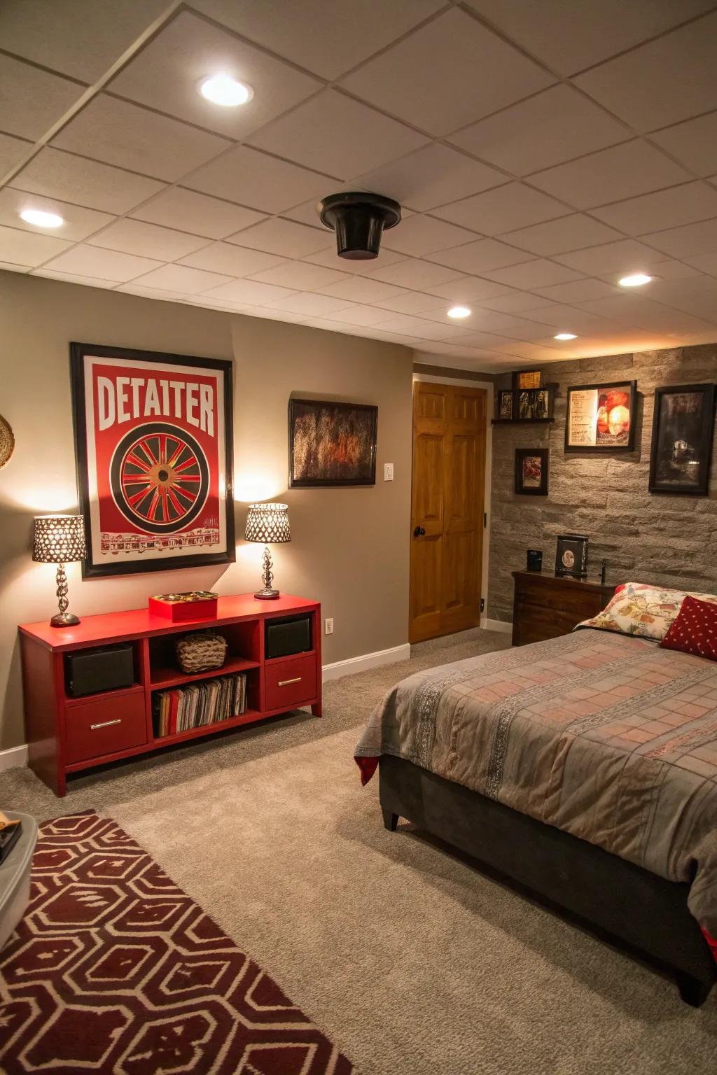 Centerpieces can impart individuality and focus to a basement bedroom.
