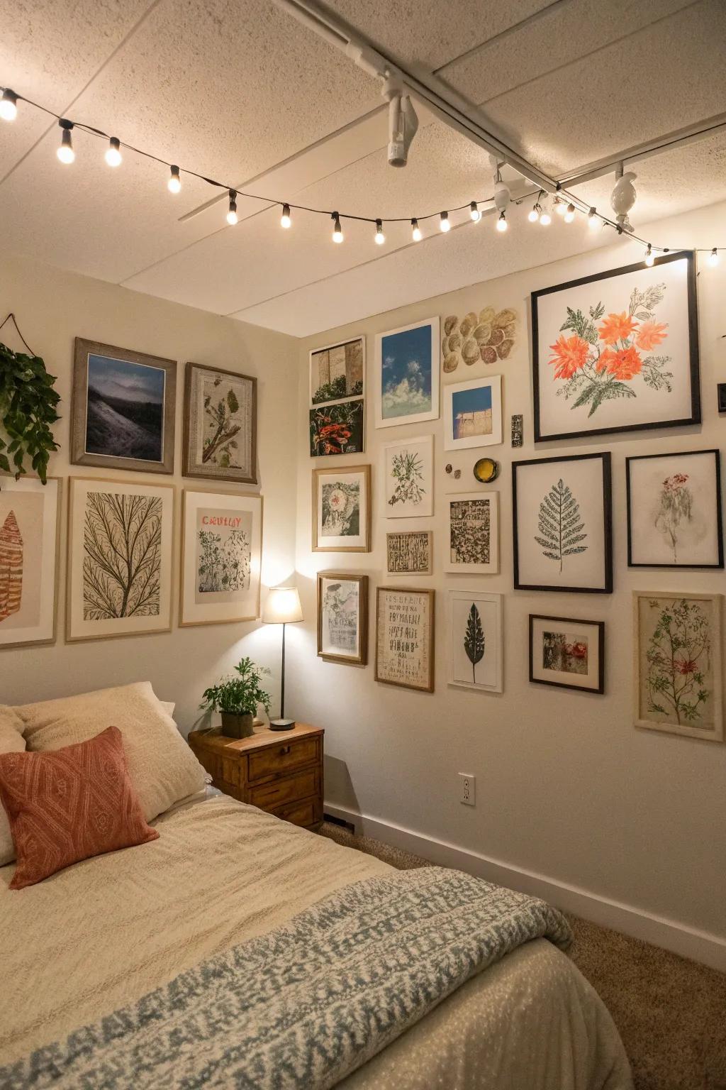 A feature wall with artwork introduces personality to this basement bedroom.