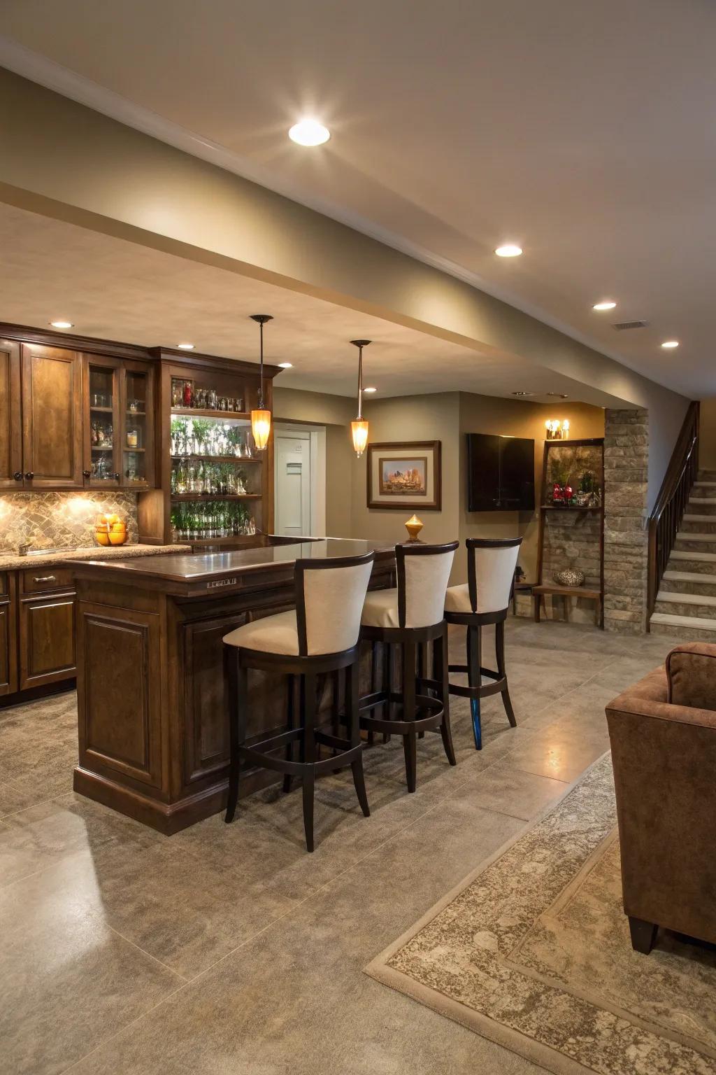 A stylish home bar setup looks great on concrete floors.