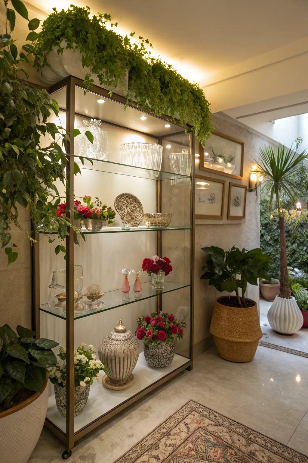 Any basement area gains a sophisticated, airy feel from glass shelving.