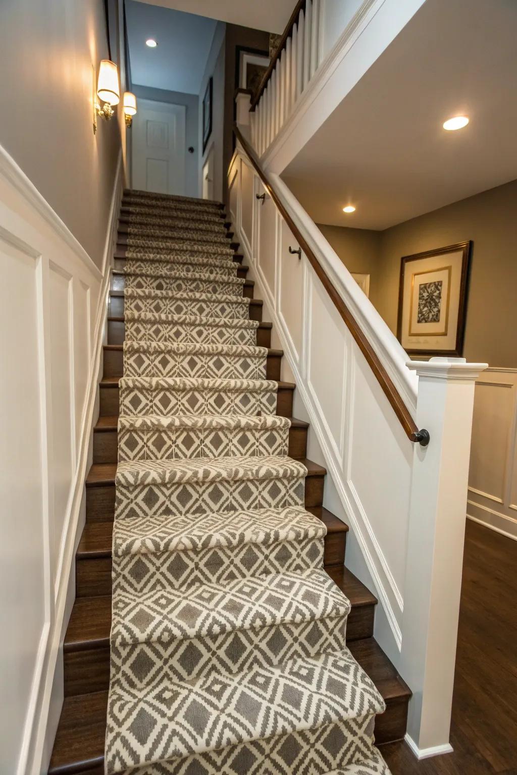 A patterned passage carpet infuses style and safeguard.