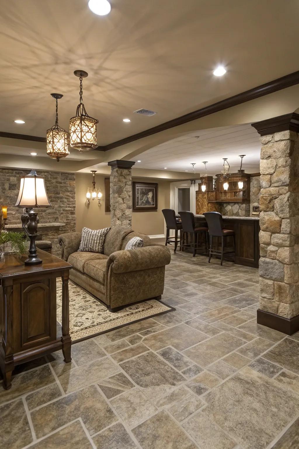 Gravel-style vinyl flooring provides timeless polish.