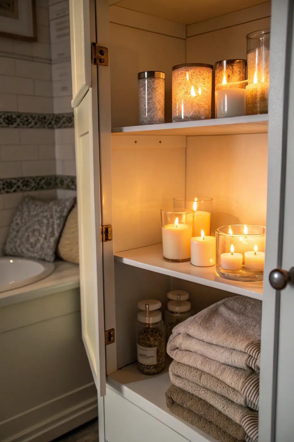 Scented tapers create a soothing ambiance.