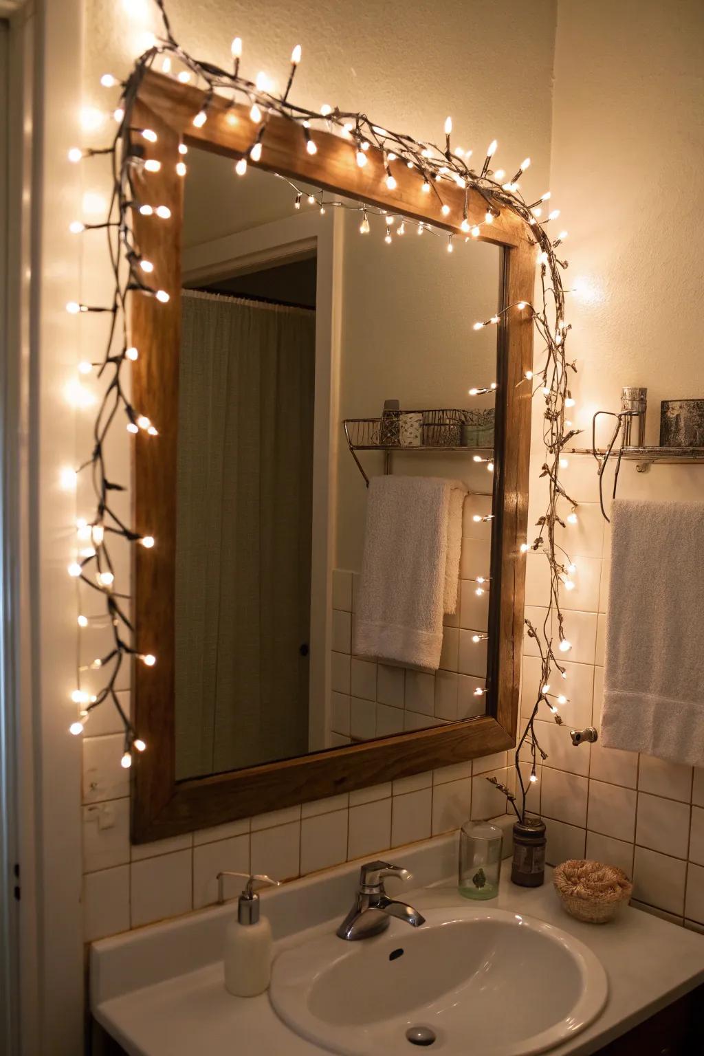 Strand luminaries contribute a bewitching highlight to this bathroom looking glass.