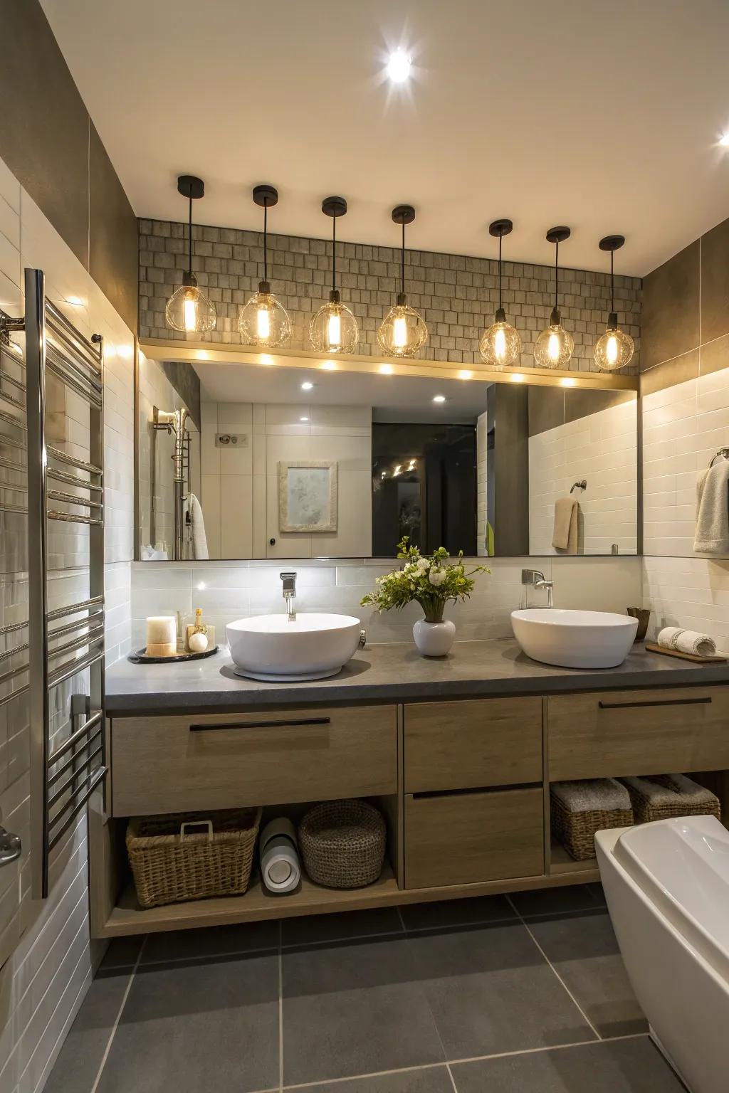A bathroom illuminated by creative illumination, lending warmth and a vibrant vibe to the space.