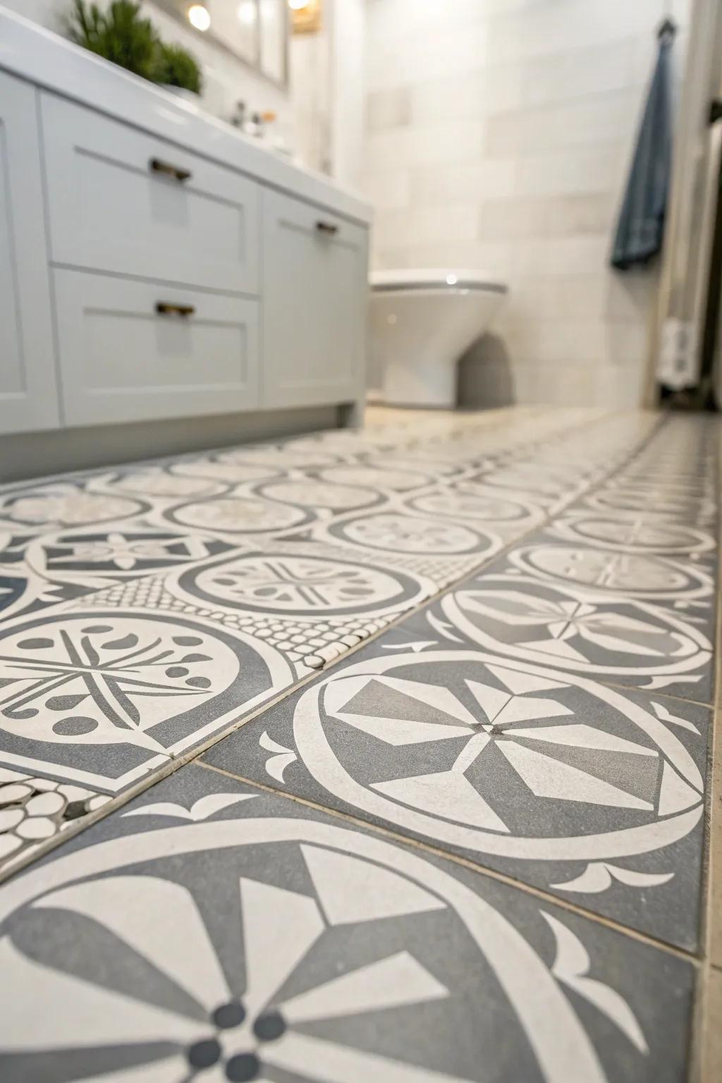 Patterned concrete tiles provide a streamlined, modern vibe to your bathroom.