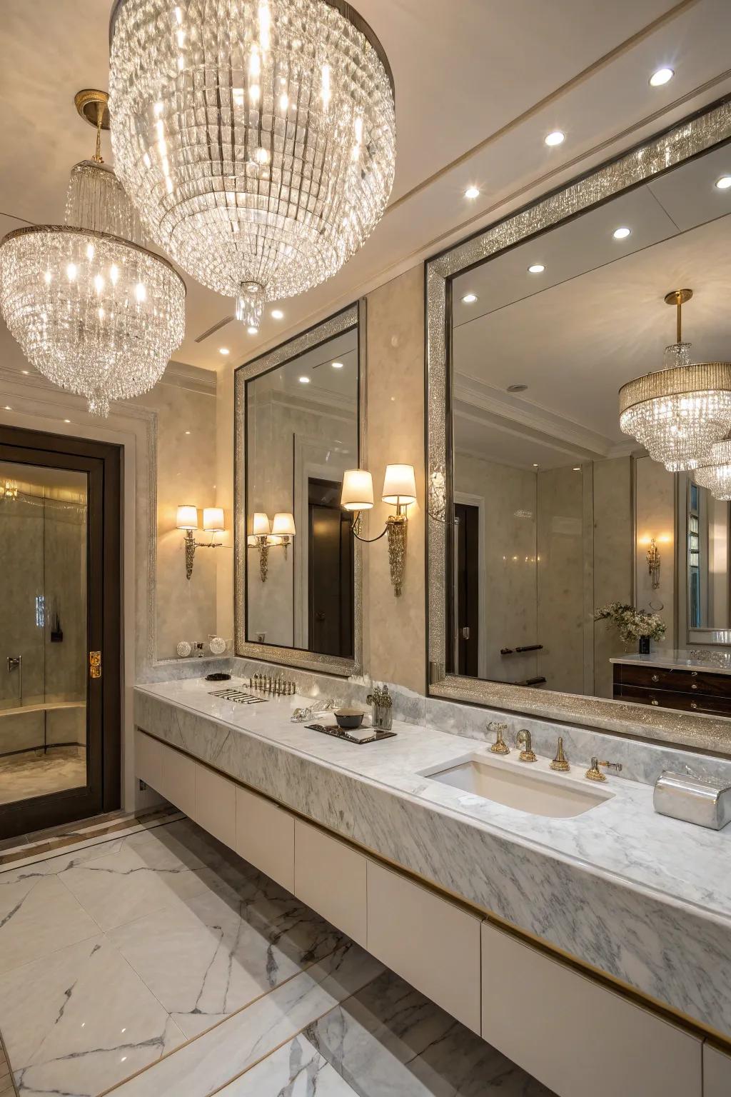 Stone installations append glamour and radiance to the lavatory.