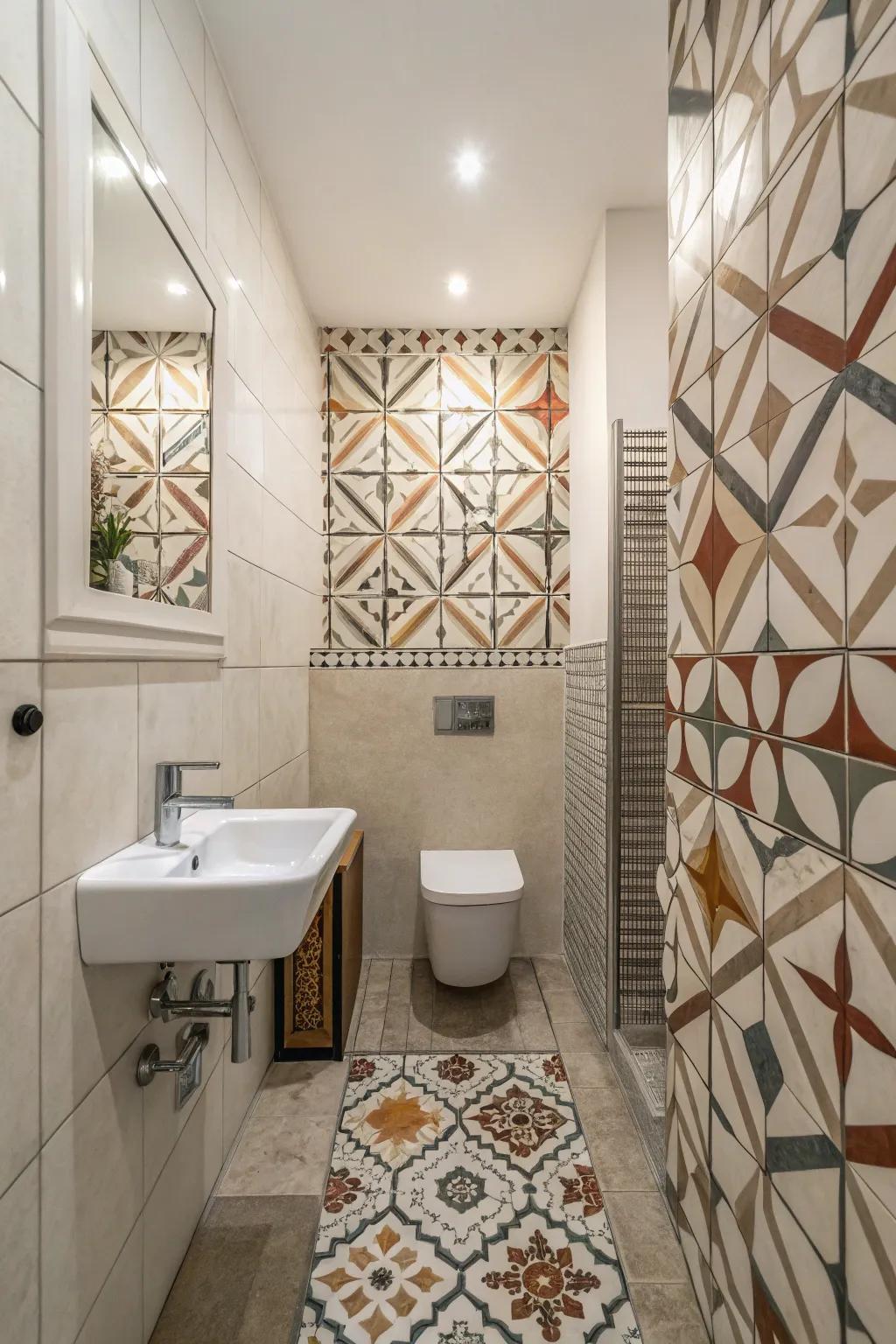 Geometric designs bring a modern flair to bathroom styles.