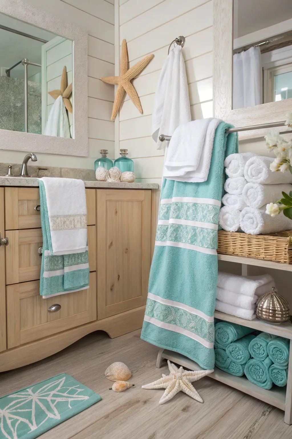 Marine and alabaster towels fashion a tranquil, coastal sensation.