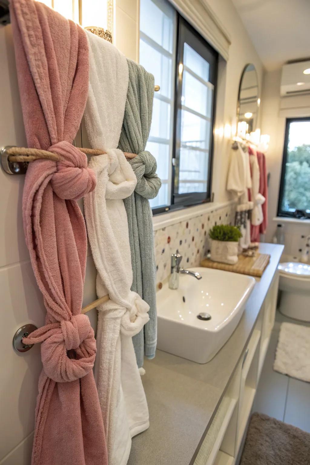 Add playfulness to your bathroom with ornamental towel knots.