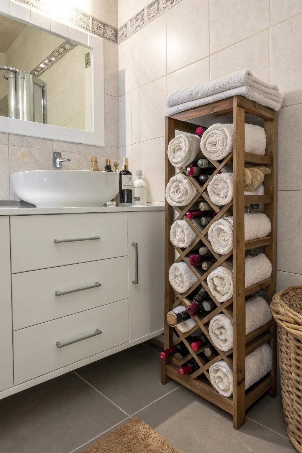 A wine storage unit creatively repurposed for towel storage.