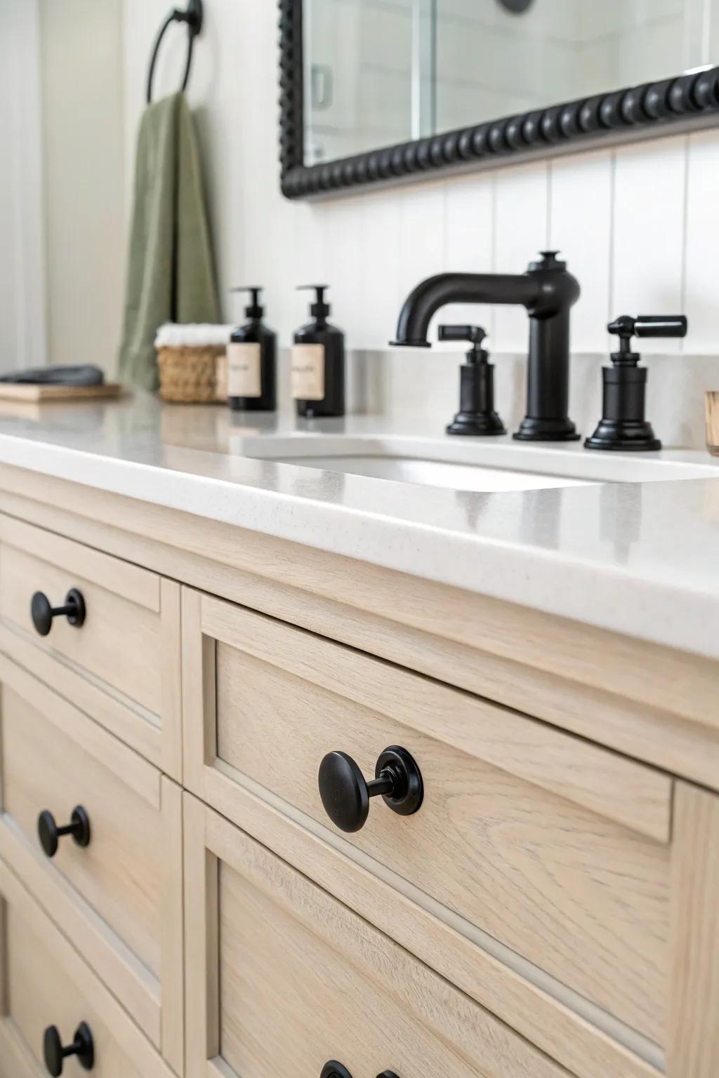 Uniform onyx hardware offers a bold, modern contrast.