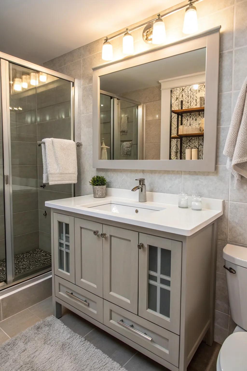 Mirrored cabinets introduce elegance with hidden storage.