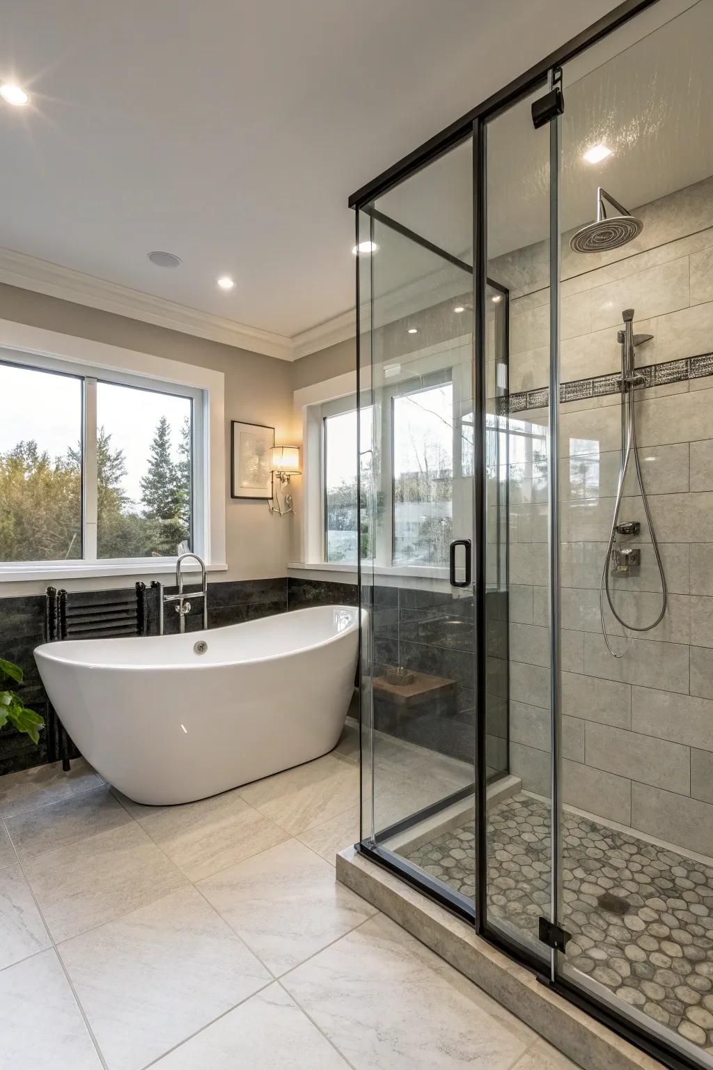 A unique bathroom design featuring a tub inside the showering area.