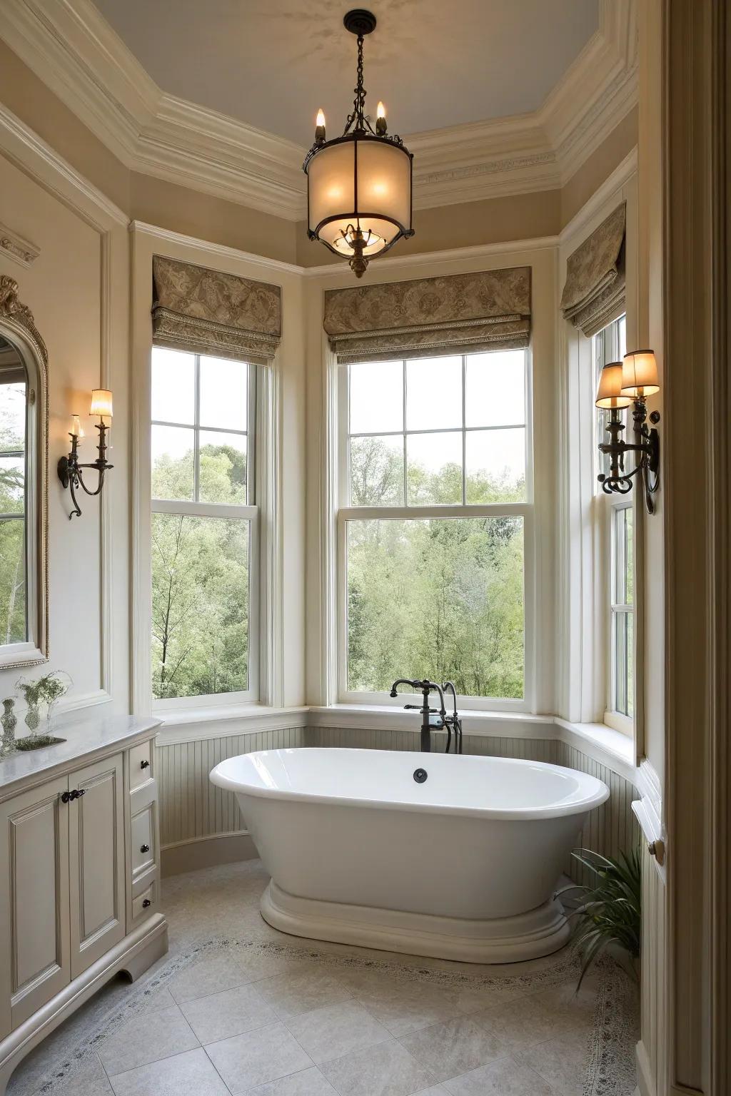 Window nooks add classic elegance to the bathroom.
