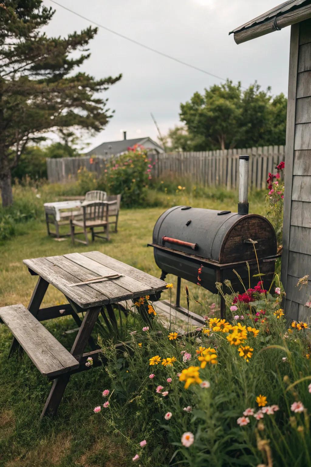 Distinctive retro barrel cooking station exuding rustic charm.