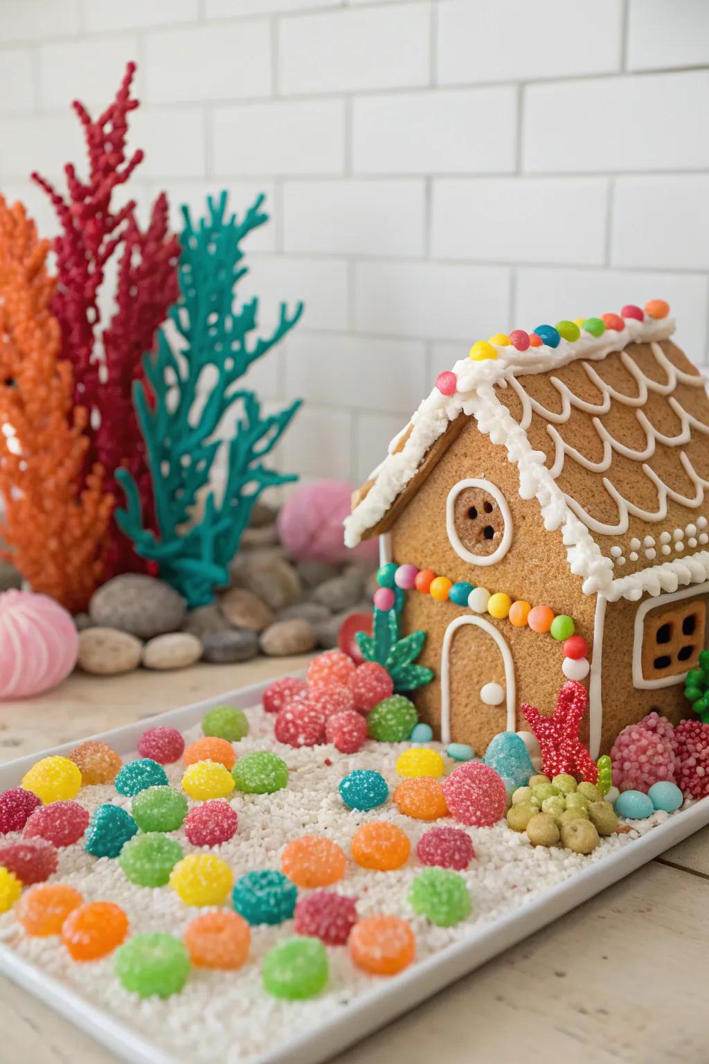 A vibrant confection atoll appends chroma and whimsy to the littoral setting.