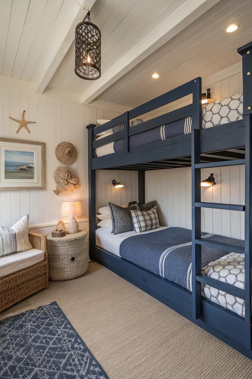 Welcome simpleness with minimalist navy flooring bunks.