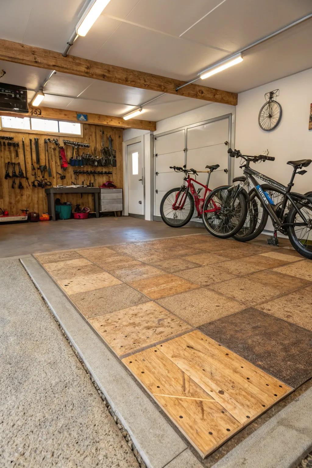 Eco-friendly floor covering incorporates warmth and style to the garage.