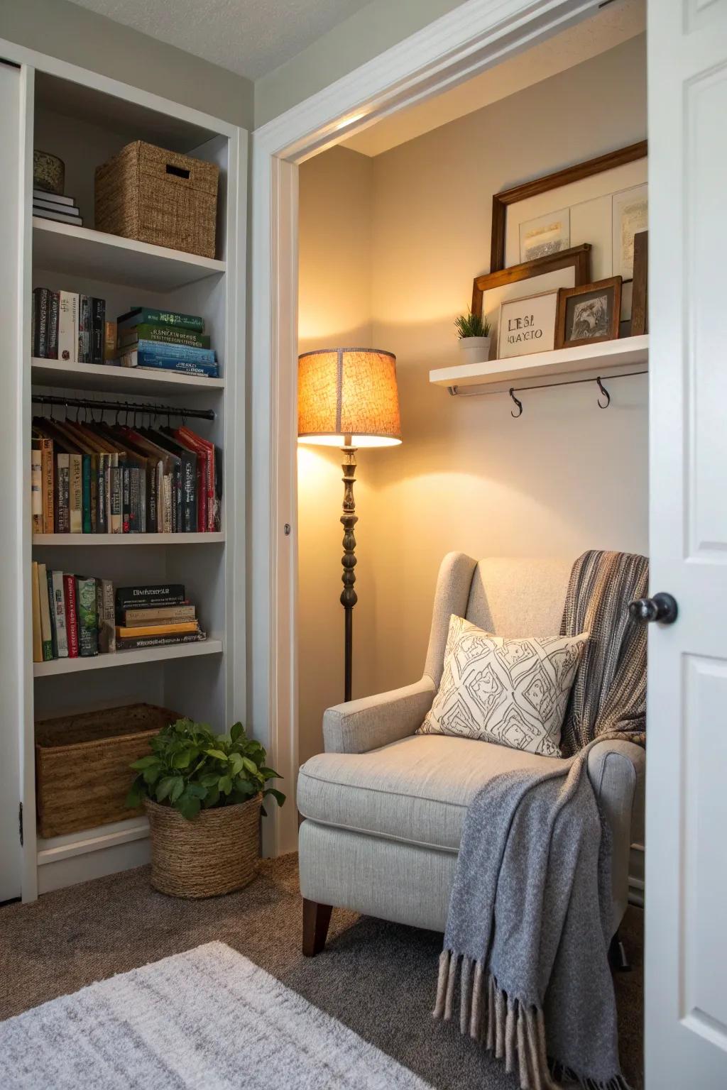 Create a cozy reading nook beside your closet bed.