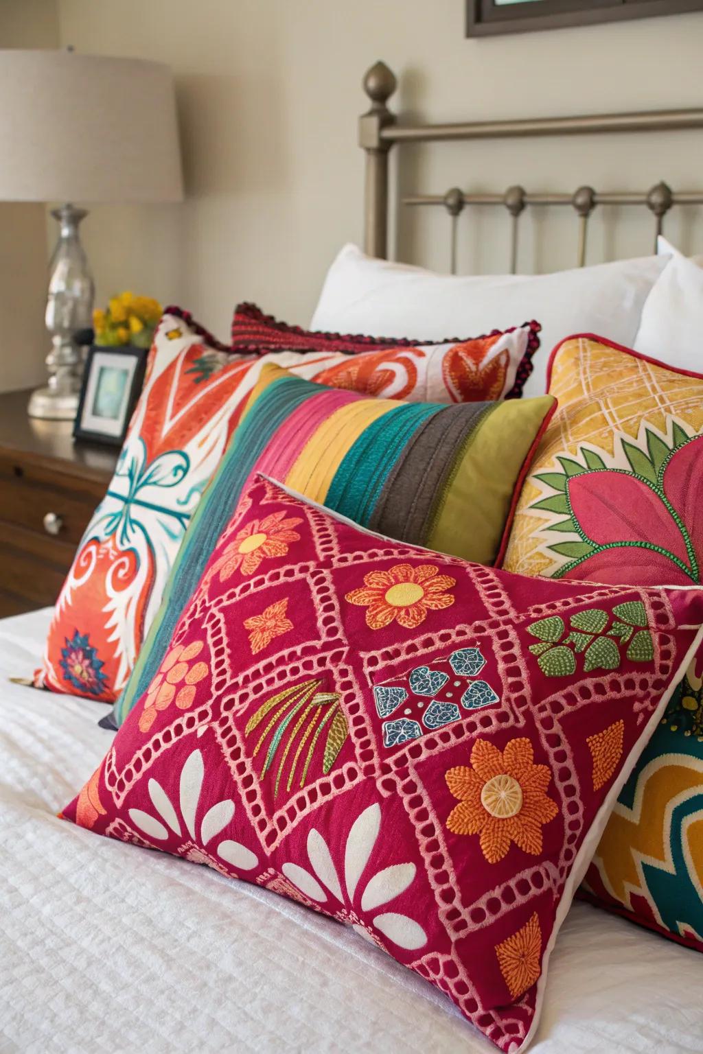 A daring and diverse pillow configuration for individuals who value color and zest.
