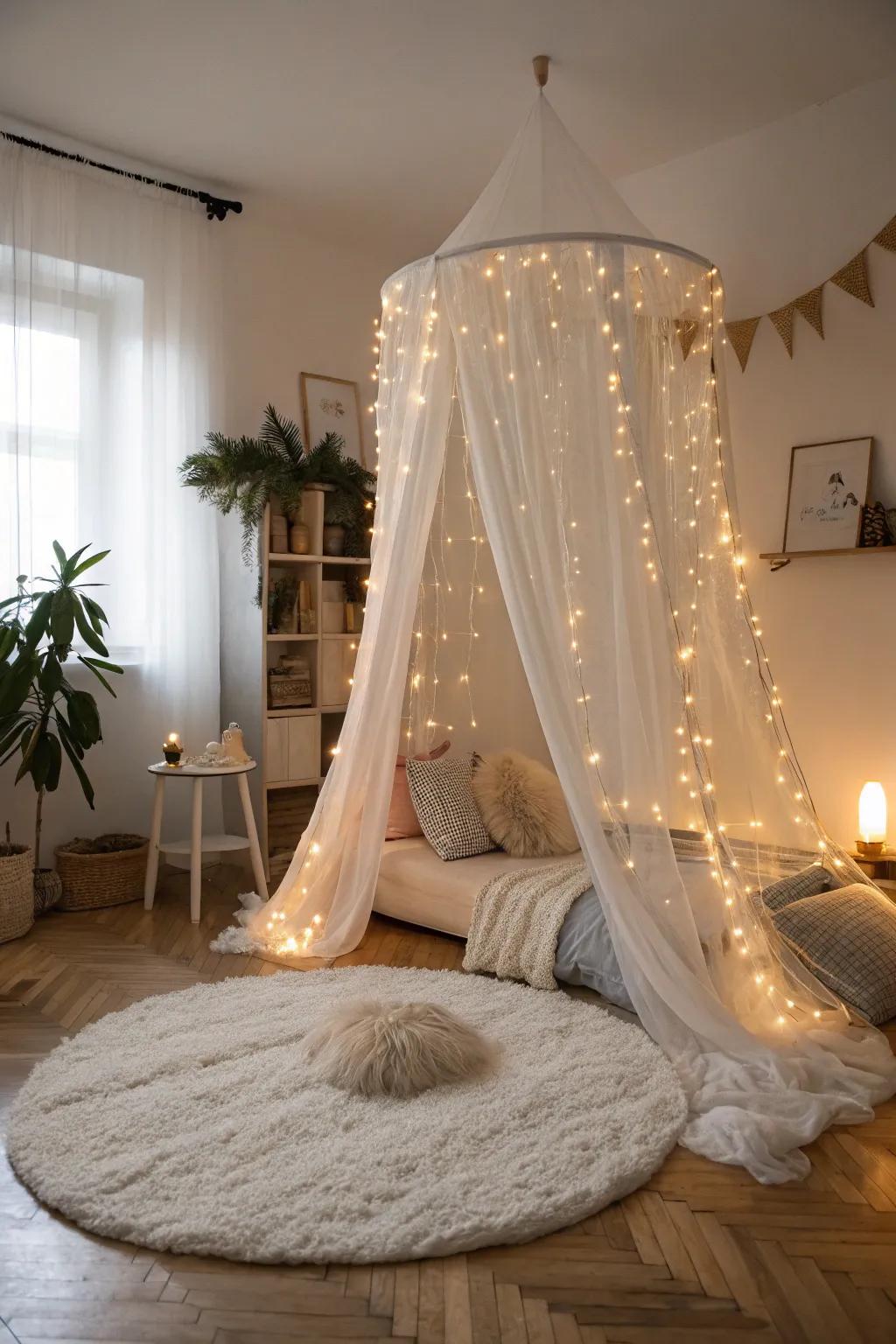 Step into a Twinkling Light Dream: where minimalist elegance meets enchanting comfort.