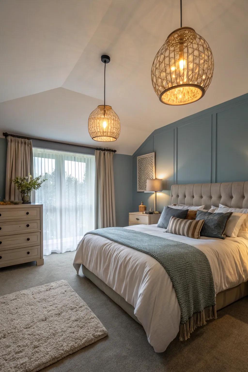 Oversized pendants include striking flair to the bedside.