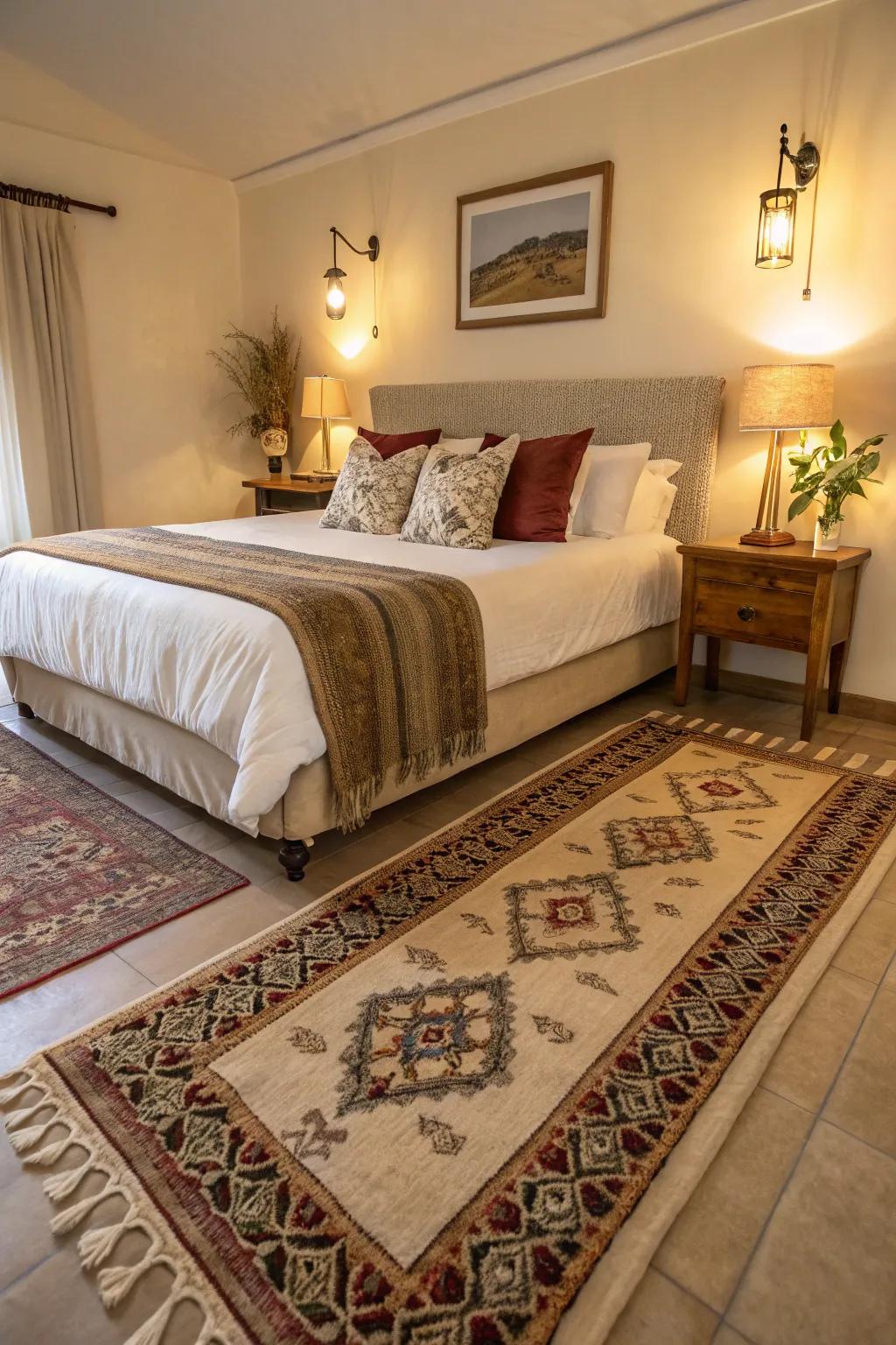 Long floor coverings add comfort and define bedroom spaces.