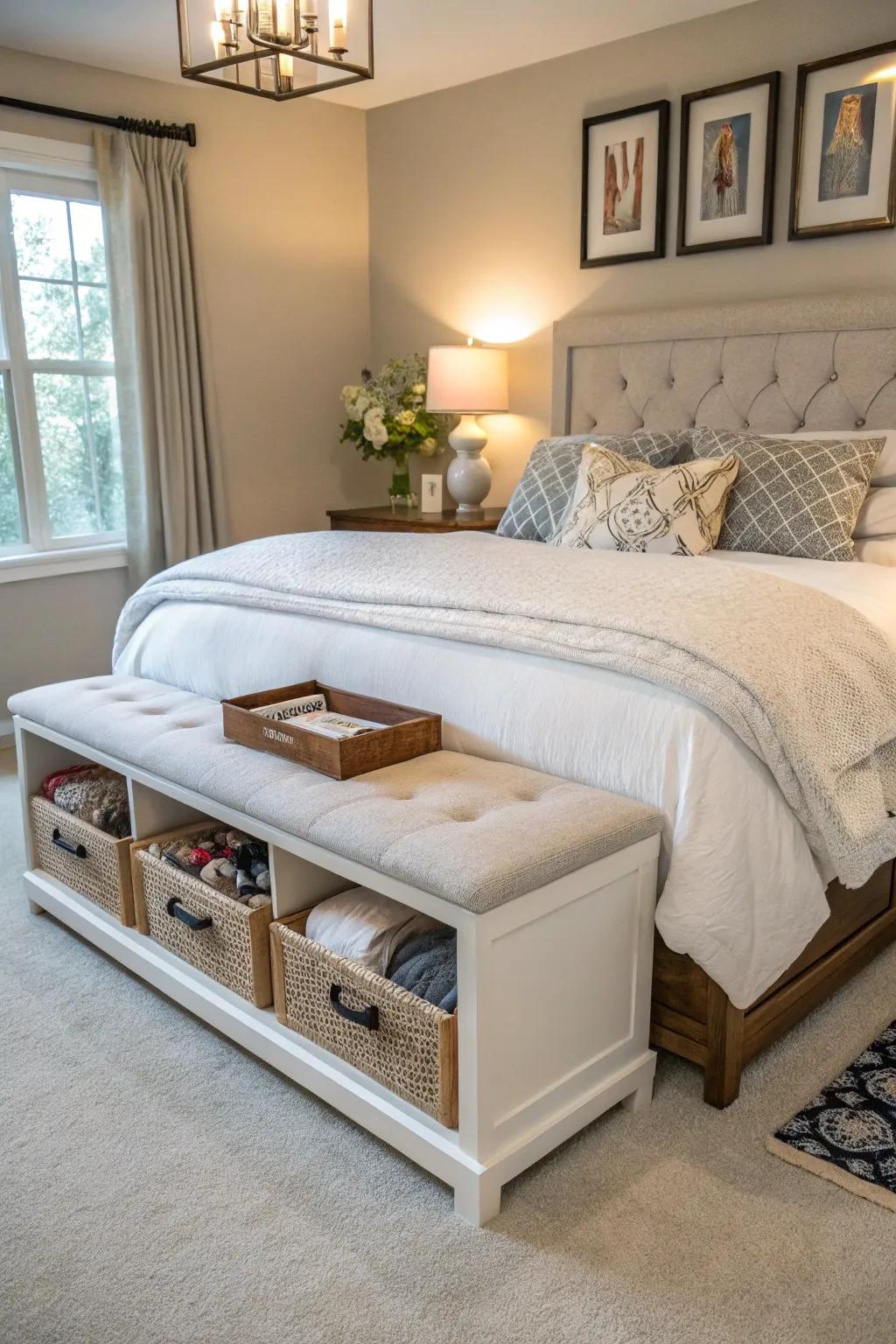 A bedroom with a bench that offers extra storage.