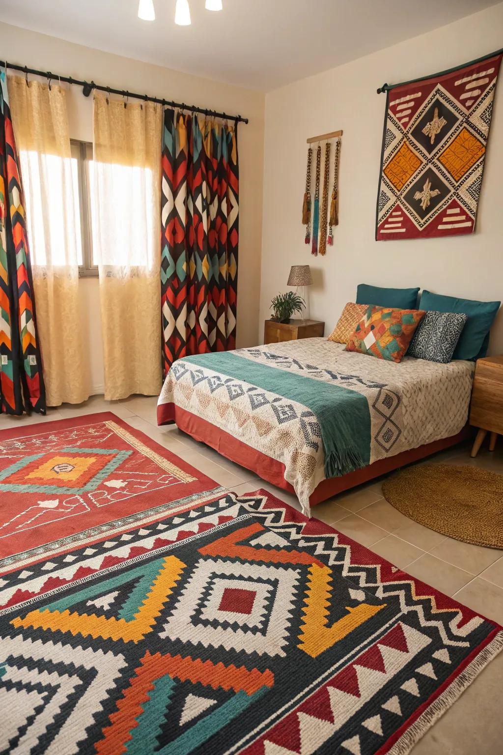 Striking patterns introduce a playful, dynamic element to the chamber.