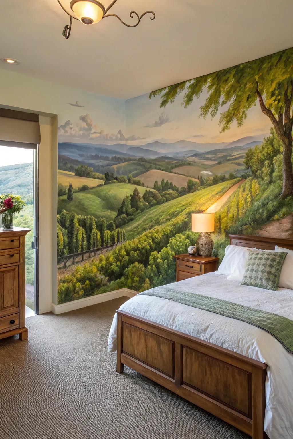 A painted wall painting changes a bedroom wall into an unique creative masterpiece.