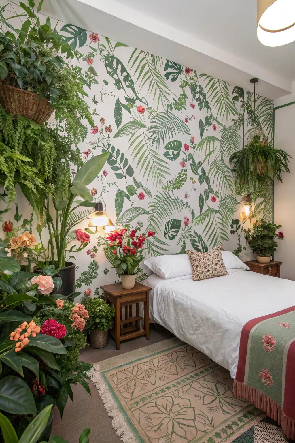 Greenery prints integrate outdoor elements indoors.