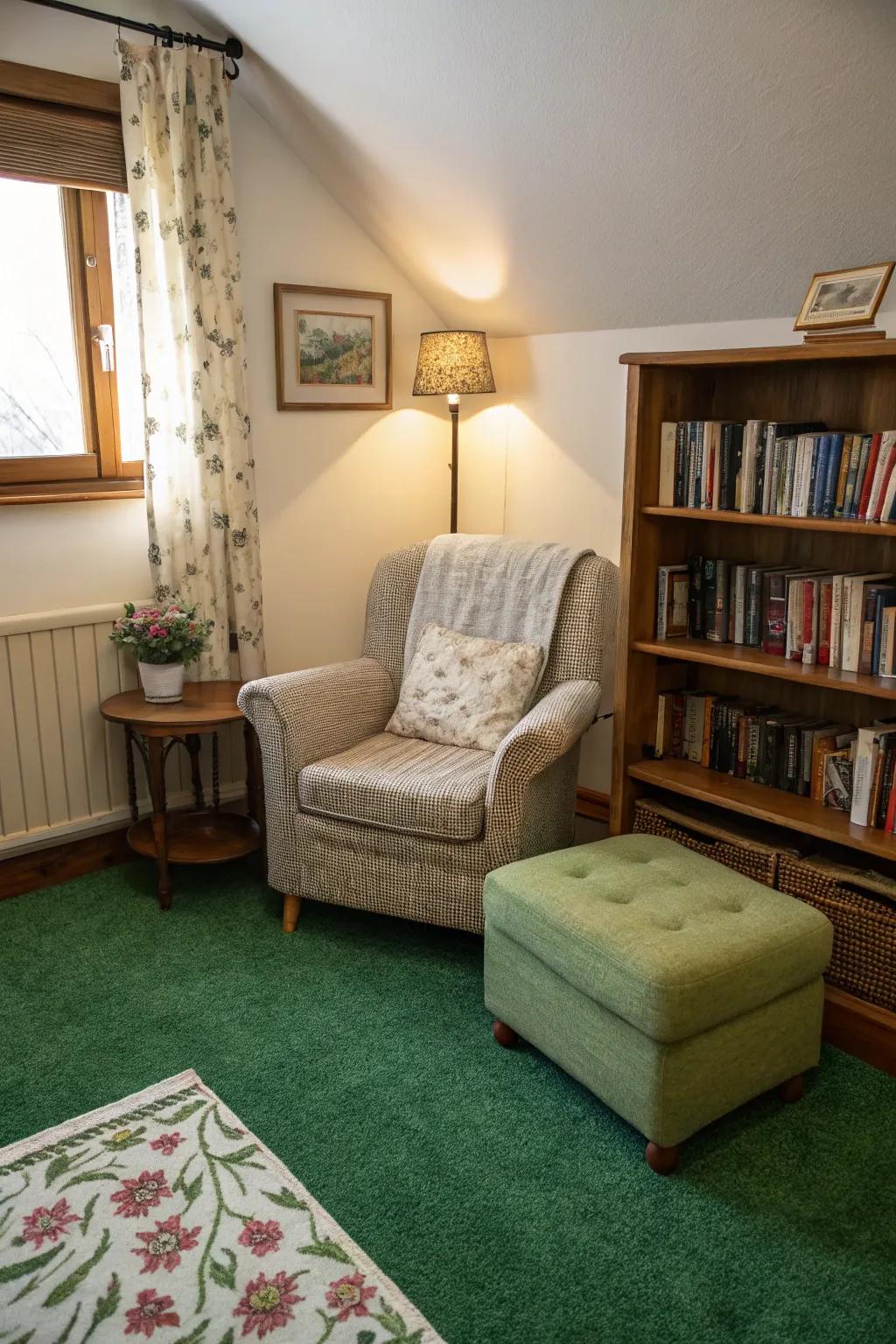 A cozy reading nook provides a relaxing retreat, perfectly nestled on the emerald floor covering.