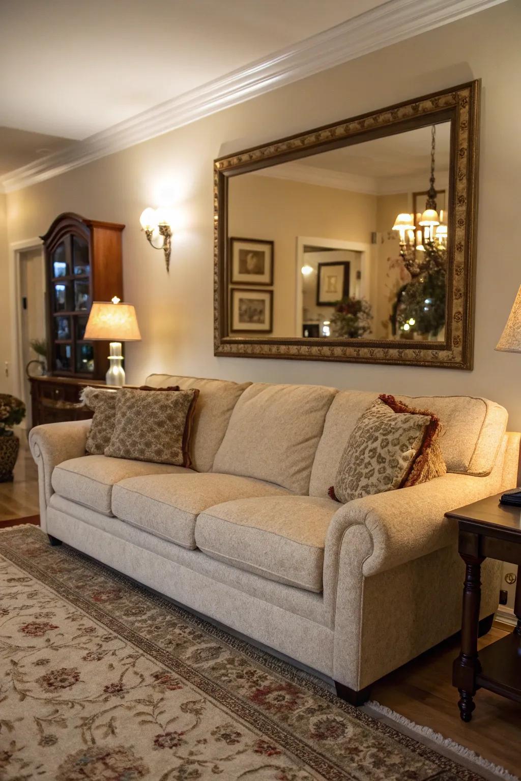 Looking-glasses amplify light and space in a living room featuring a sand-toned sofa.