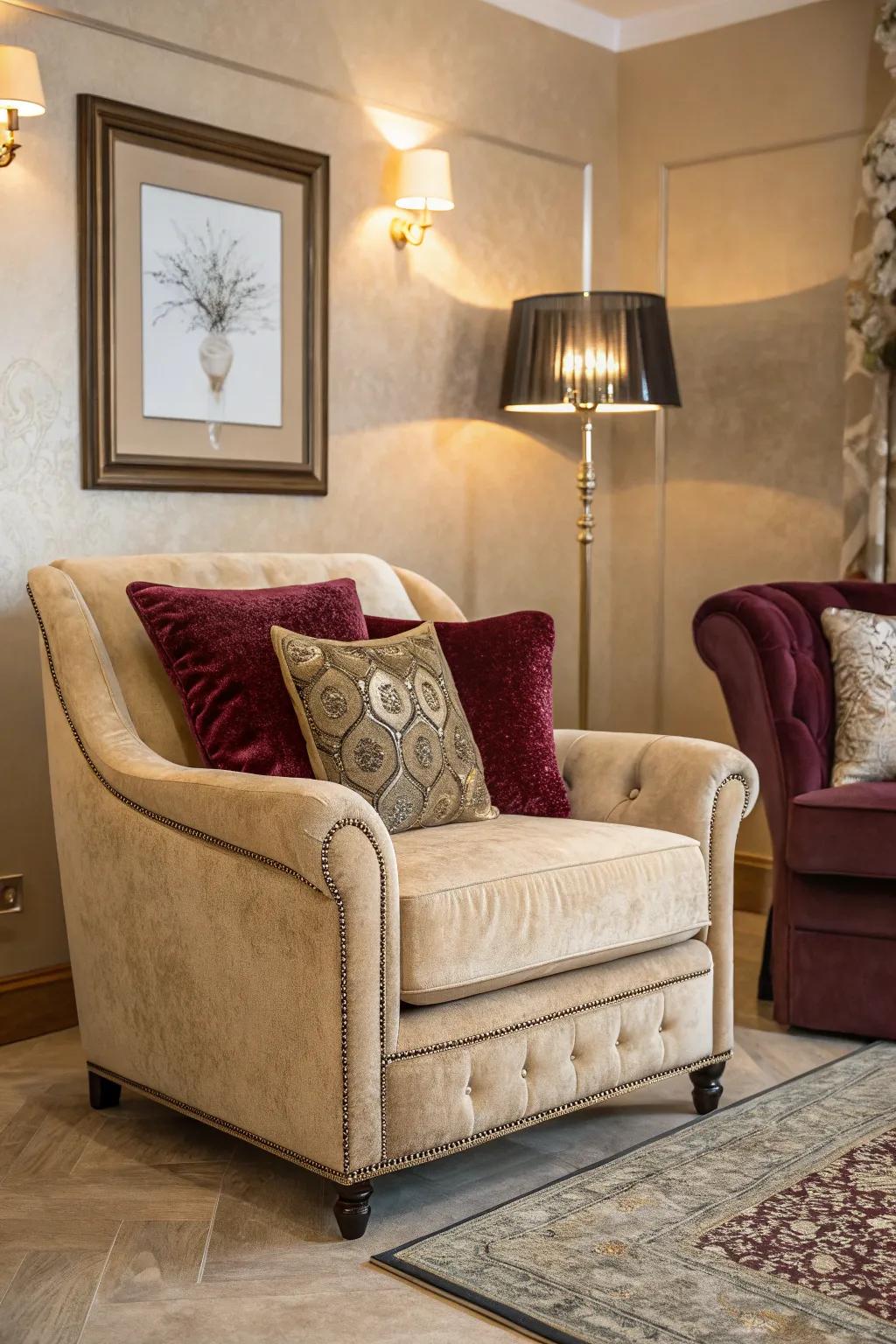 Velvet elements enhance the area's opulence and comfort.