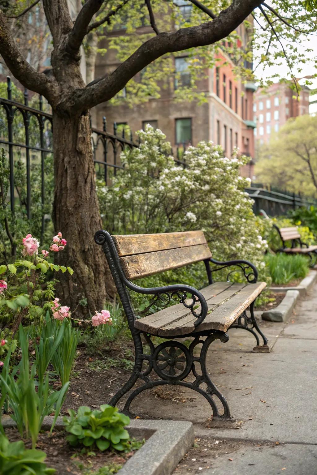 Industrial-chic benches blend wood and metal for a modern look.
