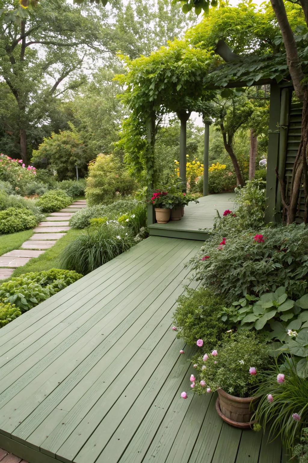 Olive green decks seamlessly integrate with garden landscapes.