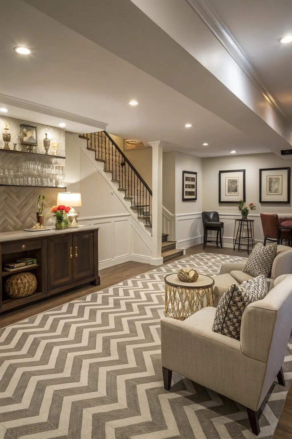 Herringbone designs add an elegant twist to basement flooring.