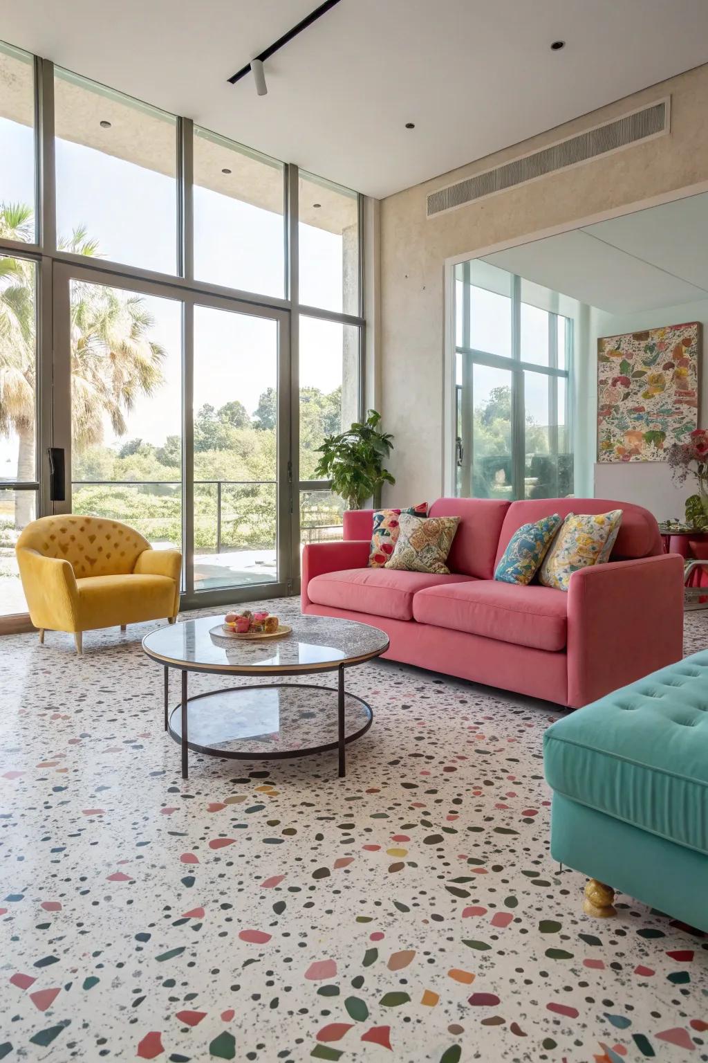 Fashionable living area featuring eye-catching terrazzo floors